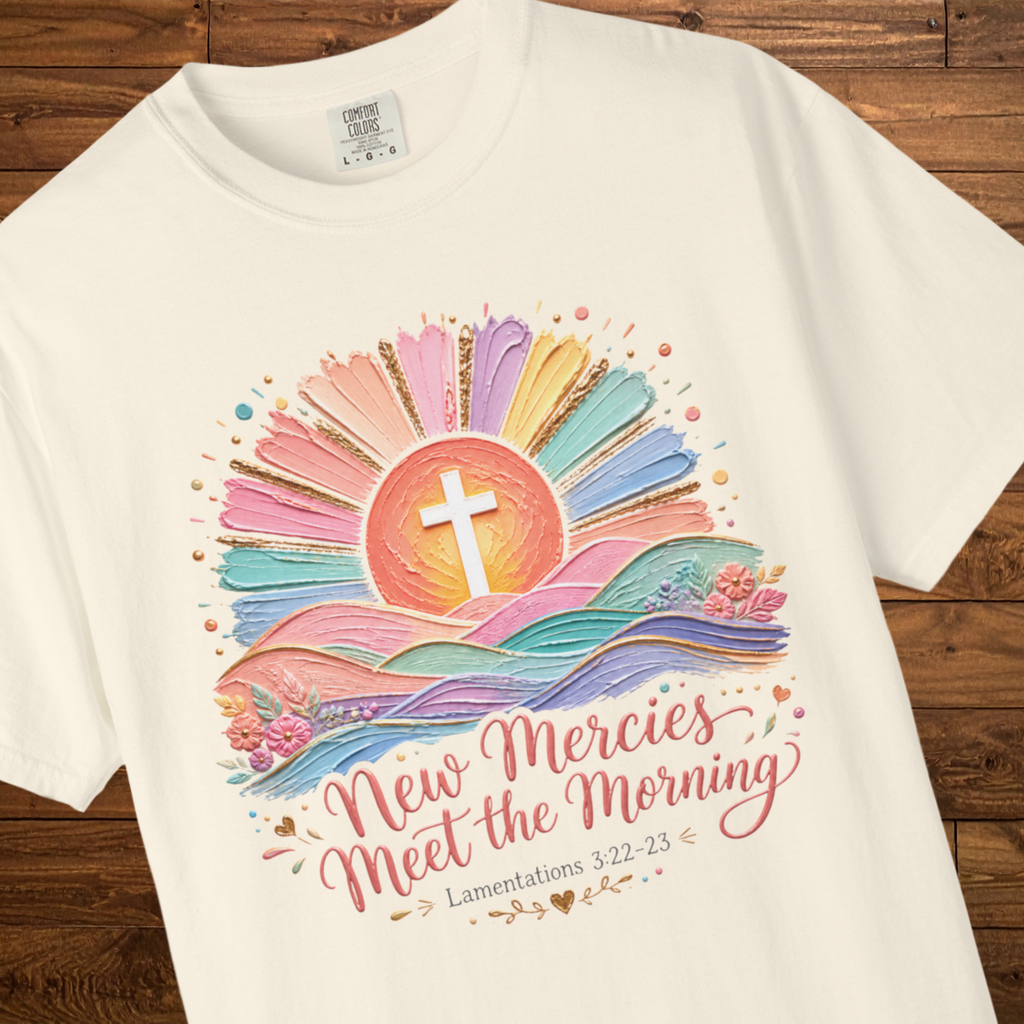New Mercies Meet the Morning T-Shirt | Faith Sunrise Cross Tee
