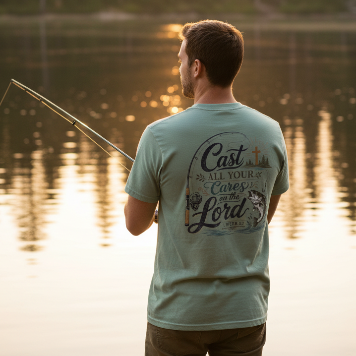 A man stands on a lake at sunset facing a forest, holding a fishing rod. He is wearing a sage green t-shirt with a large graphic print on the back that reads 'Cast All Your Concerns to the Lord'.